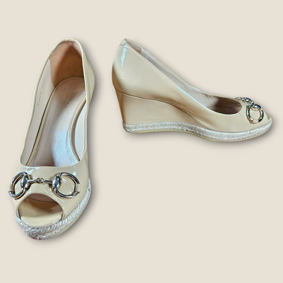 Gucci Espadrille Wedge Heels Patent Leather Horsebit Detail Size 37.5 - Picture 1 of 16